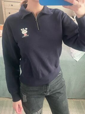Uniqlo Navy Half-Zip Sweatshirt with labubu